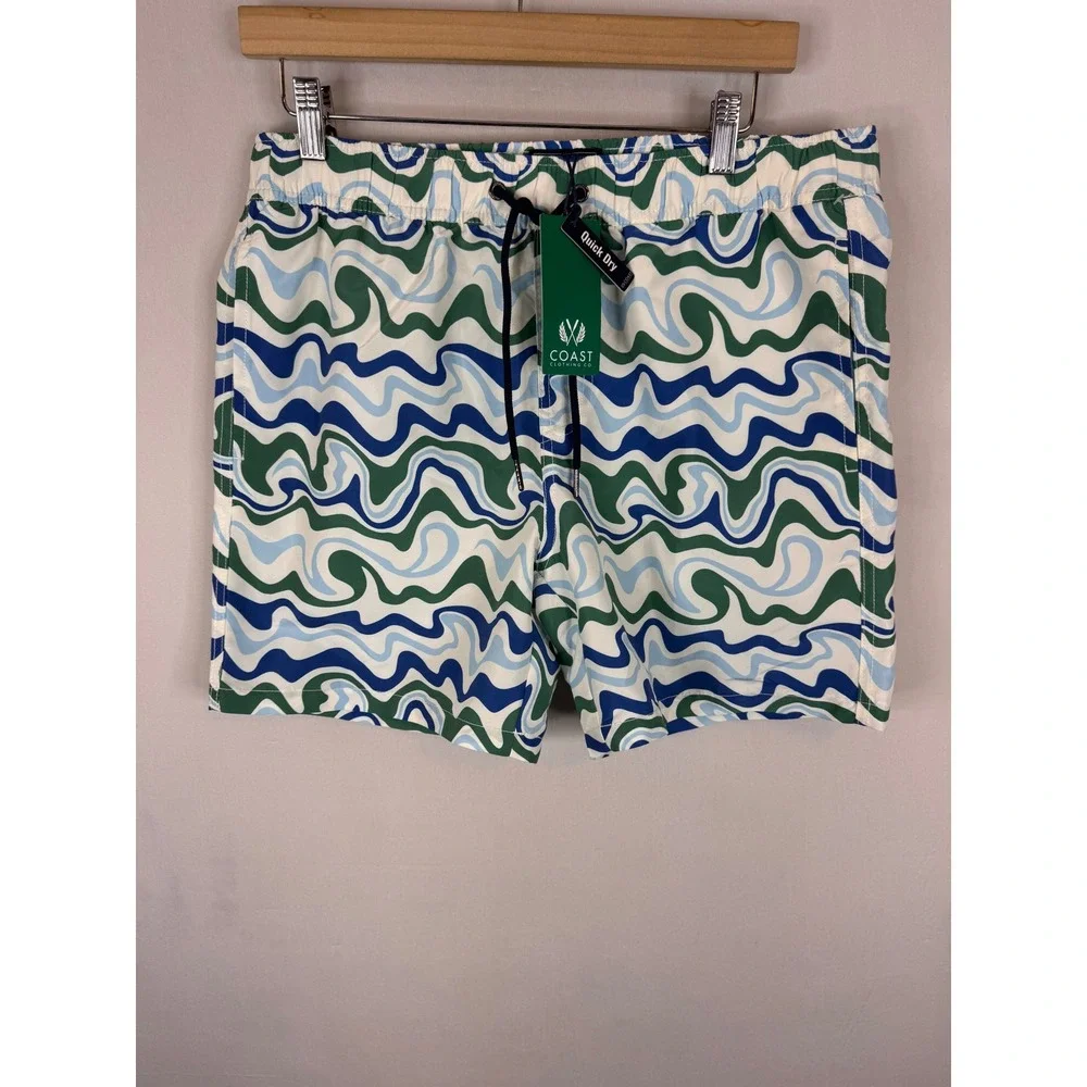 Coast Clothing Co Mens Swirl Print Quick Dry Swim Trunks Green‎ Blue Size M NEW